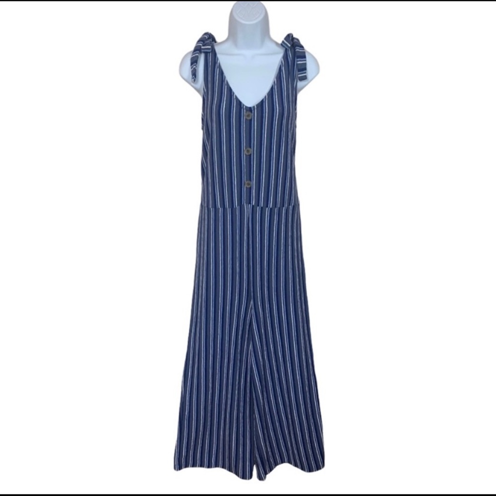 Arizona Jean Co Blue Cotton Knit Striped Wide Leg Jumpsuit Large